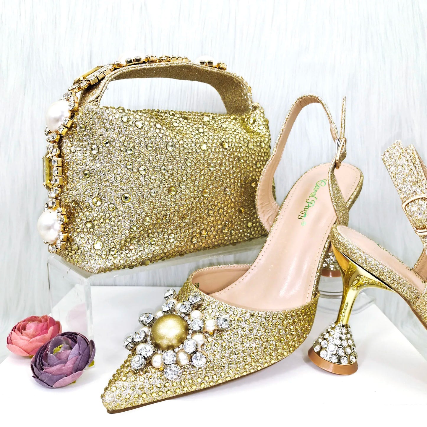 JMF New arrive Italian Design Blue Women's Fashion Rhinestone Pearl Point Toe Stiletto Heels Sandals Women's Shoes & Bag Set