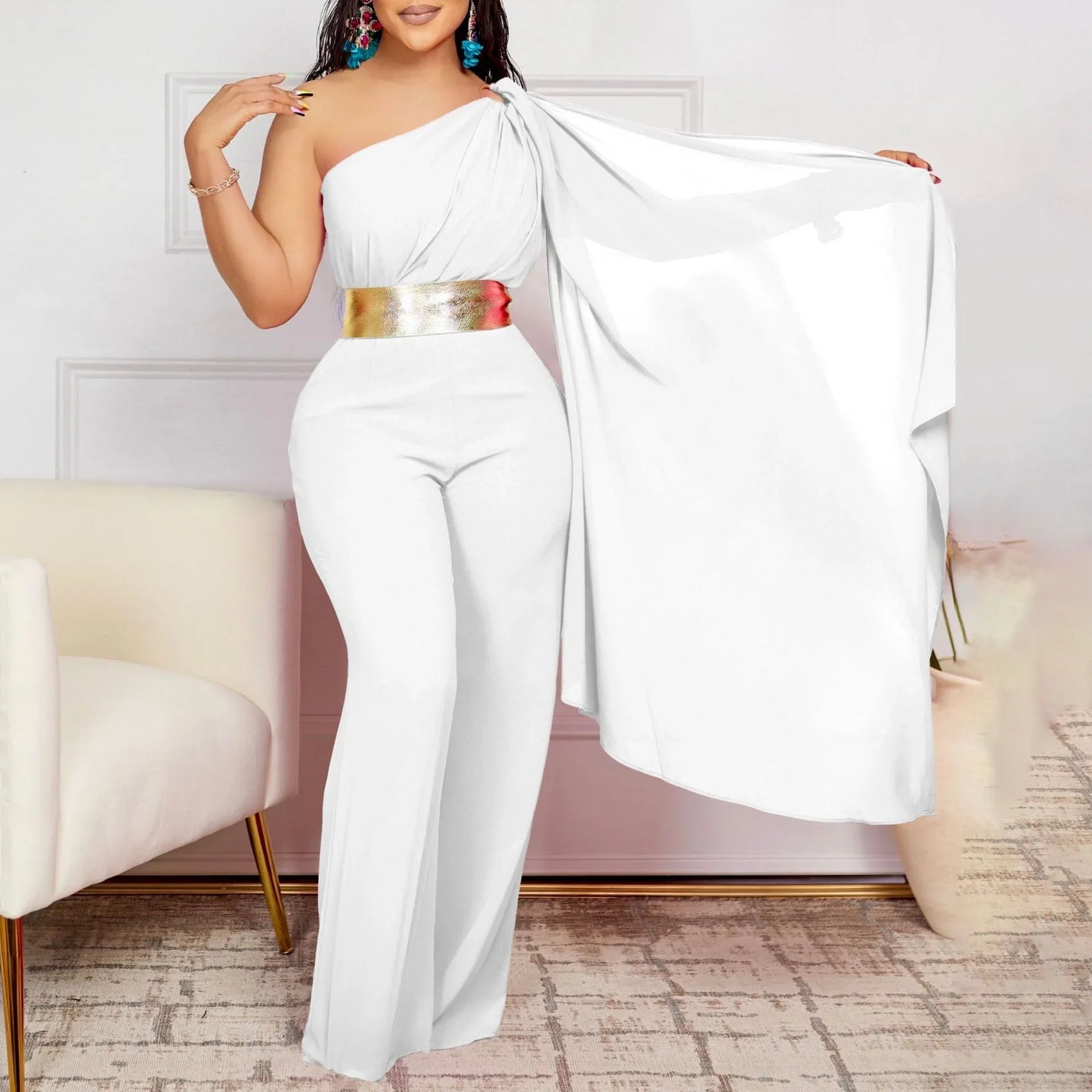 Elegant Jumpsuits & Rompers for Woman One Shoulder Flying Sleeve High Waisted Luxury Birthday Party Dinner Outfits Overalls 2024