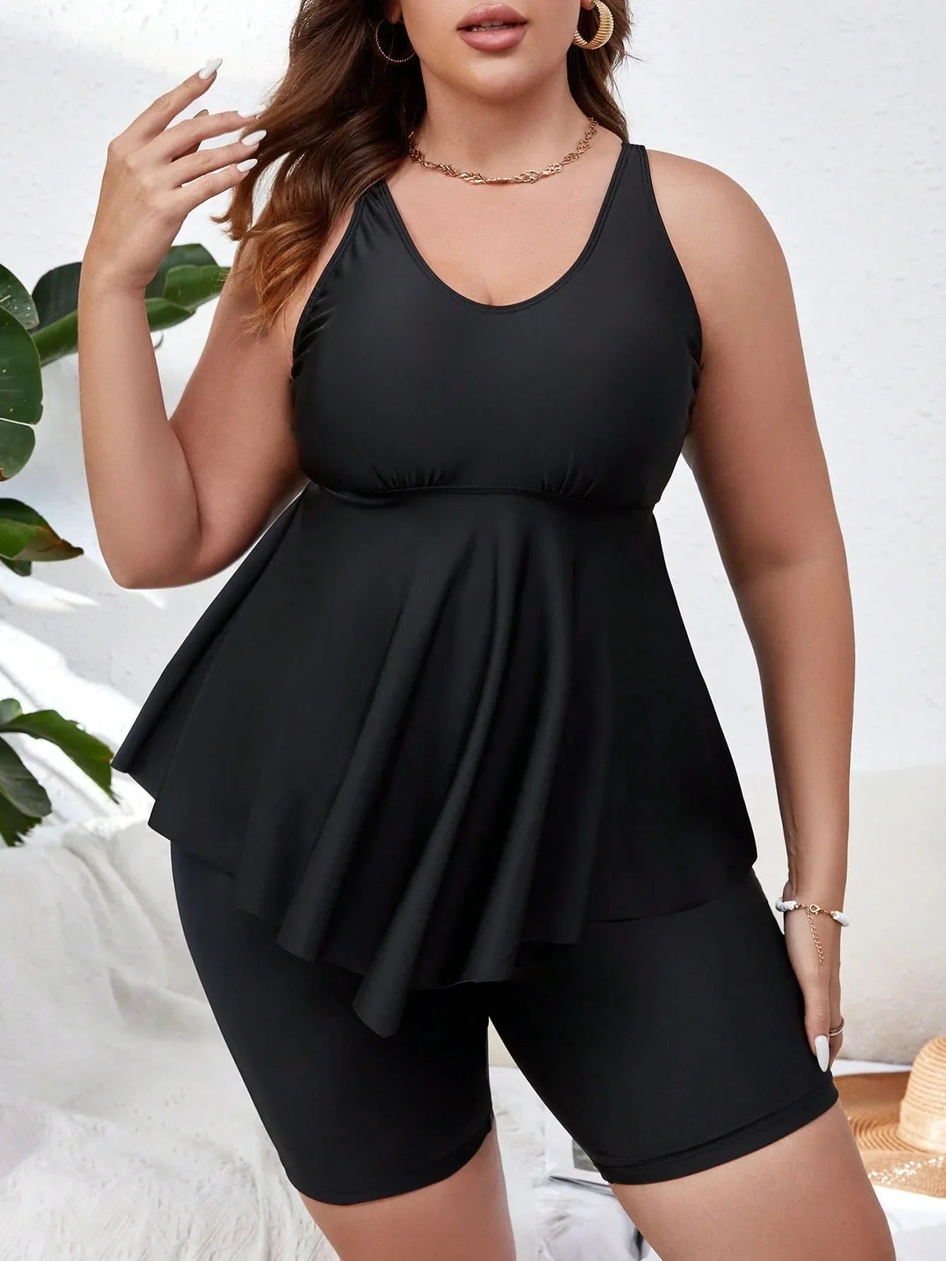 Valavalaki 2025 Solid 2 Piece Plus Size Tankini Set Women Push Up Large Big Swimsuit Beach High Waist Chubby Curvy Bathing Suit