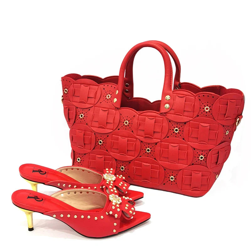 2022 Rivet Style  Women Shoes and Bag to Match in Color matching High Quality Nigerian Design Matching Shoes and Bag