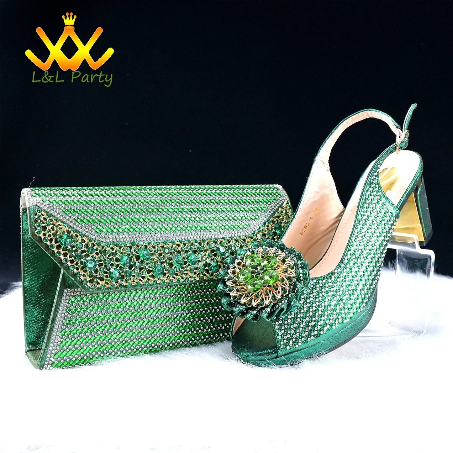 2025 Special New Arrivals Italian Women Shoes and Bag to Match in Green Color with Platform Shinning Crystal Sandal for Wedding
