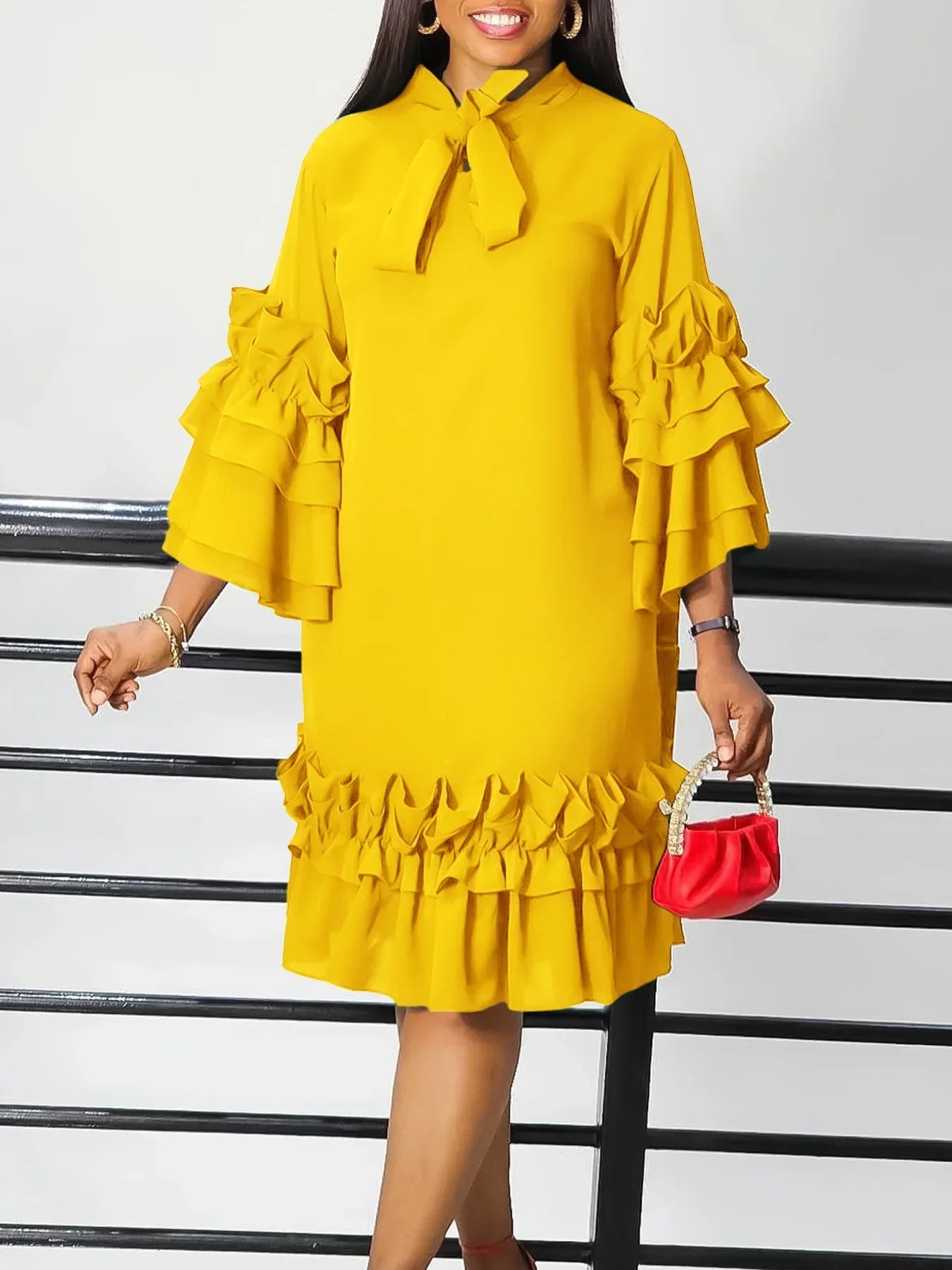Church Dressese for Woman 2024 Plus Size Elegant Purple Dress Flanged Flared Sleeve Shirt Pleated Ruffles Bow Collar