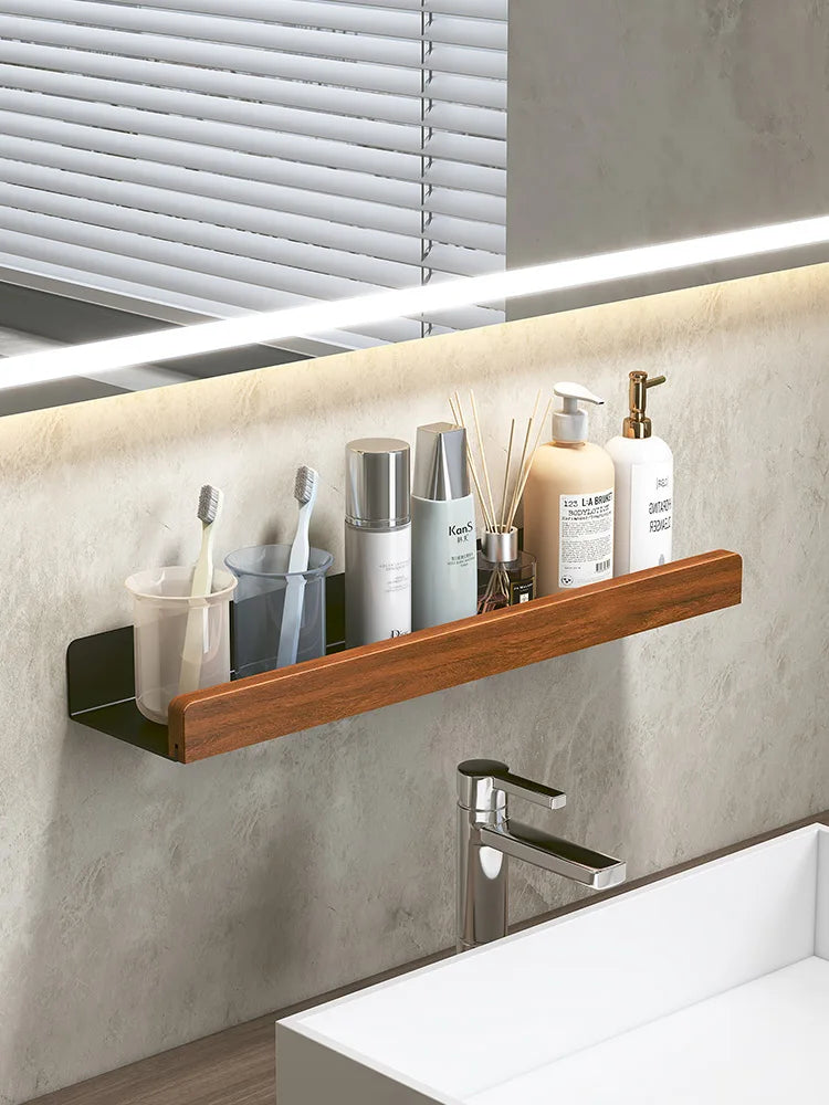 Modern Wooden Bathroom Wall Storage Rack – Shelves, Towel Bar & Hooks Set