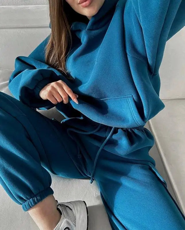 Hoodies Suit Winter Autumn Solid Casual Tracksuit Women Fleece 2 Pieces Set Sports Sweatshirts Pullover Jogger Sweatpants Outfit