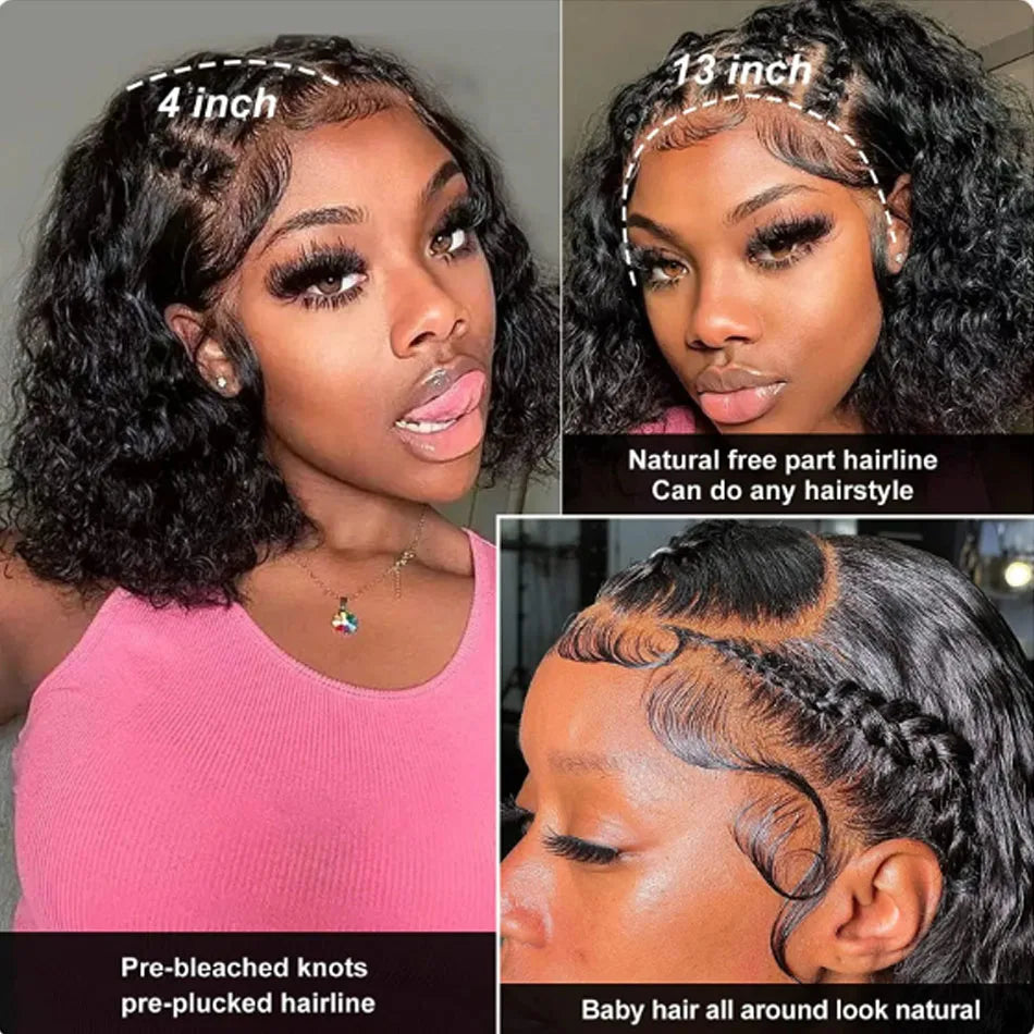 Glueless Loose Water Wave HD Lace Frontal Bob Wigs Human Hair Pre Plucked Short Wavy Curls Wigs For Women Brazilian Wear To Go