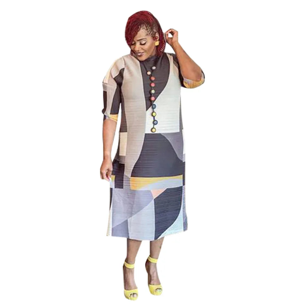 2023 Fashion African 3/4 Sleeve Polyester Plus Size O-Neck Pleated Long Dress Dashiki African Clothes African Dresses for Women