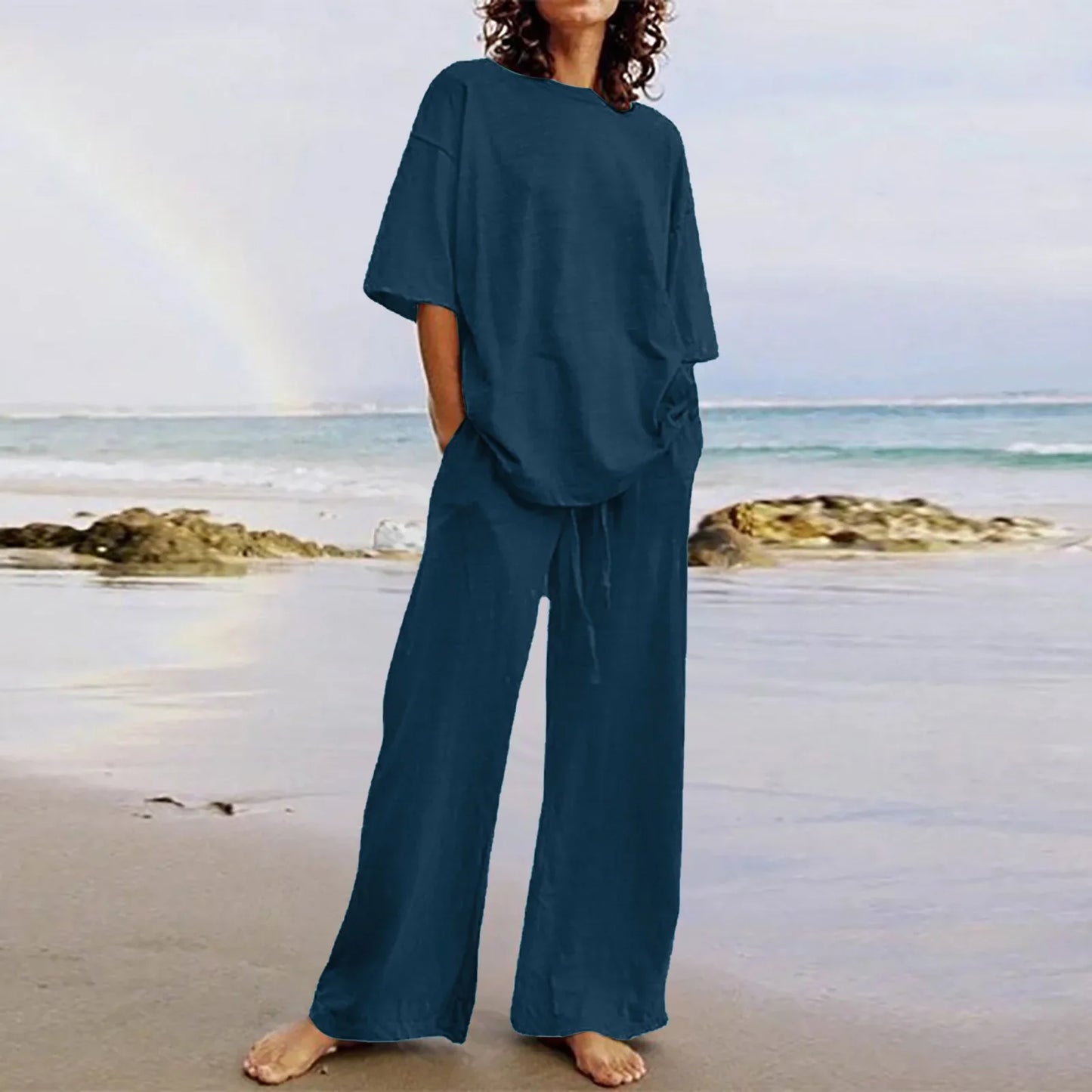 Fashion Women's 2-piece Set 2024 Summer Casual Loose Lace Up Pocket Set Half Sleeve O-Neck Top And Wide Leg Pants Set Outfits