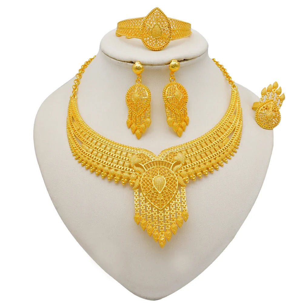 Indian Dubai Gold Color Jewelry Sets For Women Earring & Necklace Nigeria Moroccan Bridal Wedding Party Gifts