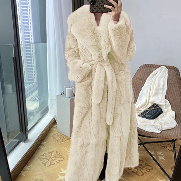 Women's Fashionable Belt Long Thick Warm Faux Fox Fur Jacket