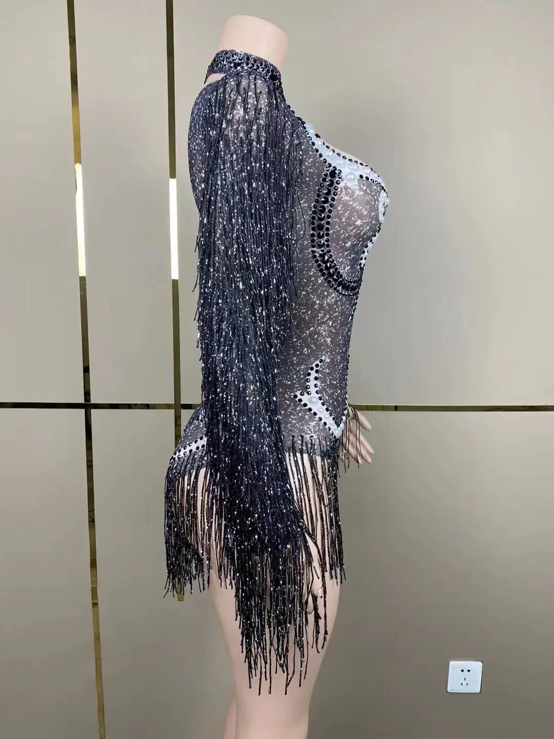 Stage Latin dance cha-cha dance practice suit stretch slim skirt fringe flash small diamond pearl design suit