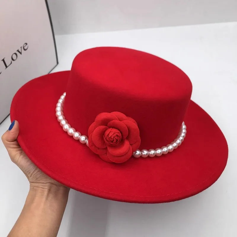 Women's Fashionable Fedora Hat 10CM Wide Brim Flat Top Felt Hats For Wedding And Jazz