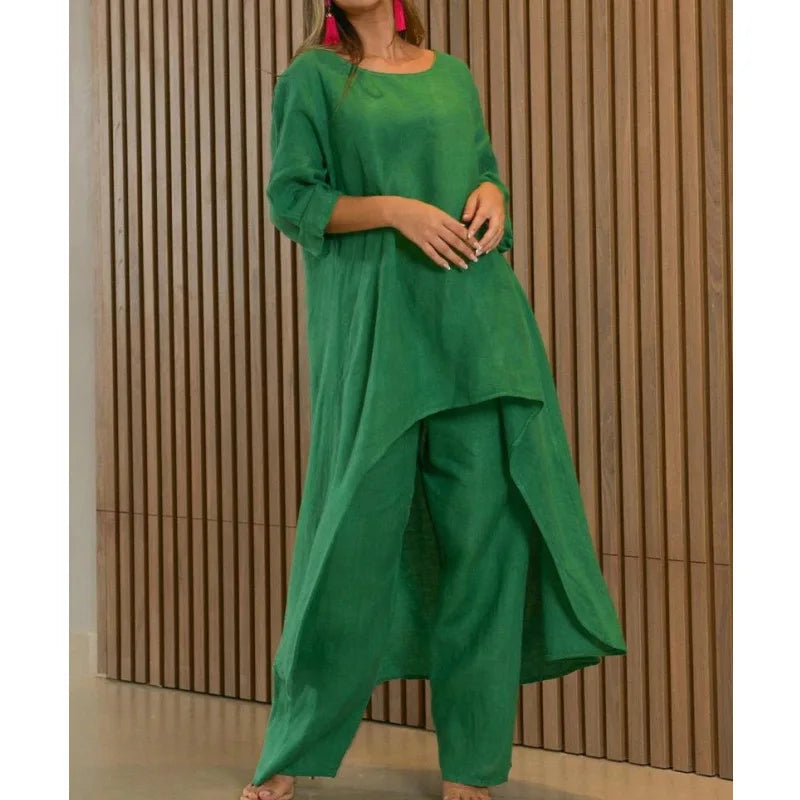 Women's Cotton Linen Long Pants Sets Fashion Solid Casual Irregular Tops Wide Leg Pant Suits Office Lady Two Piece Sets Clothes