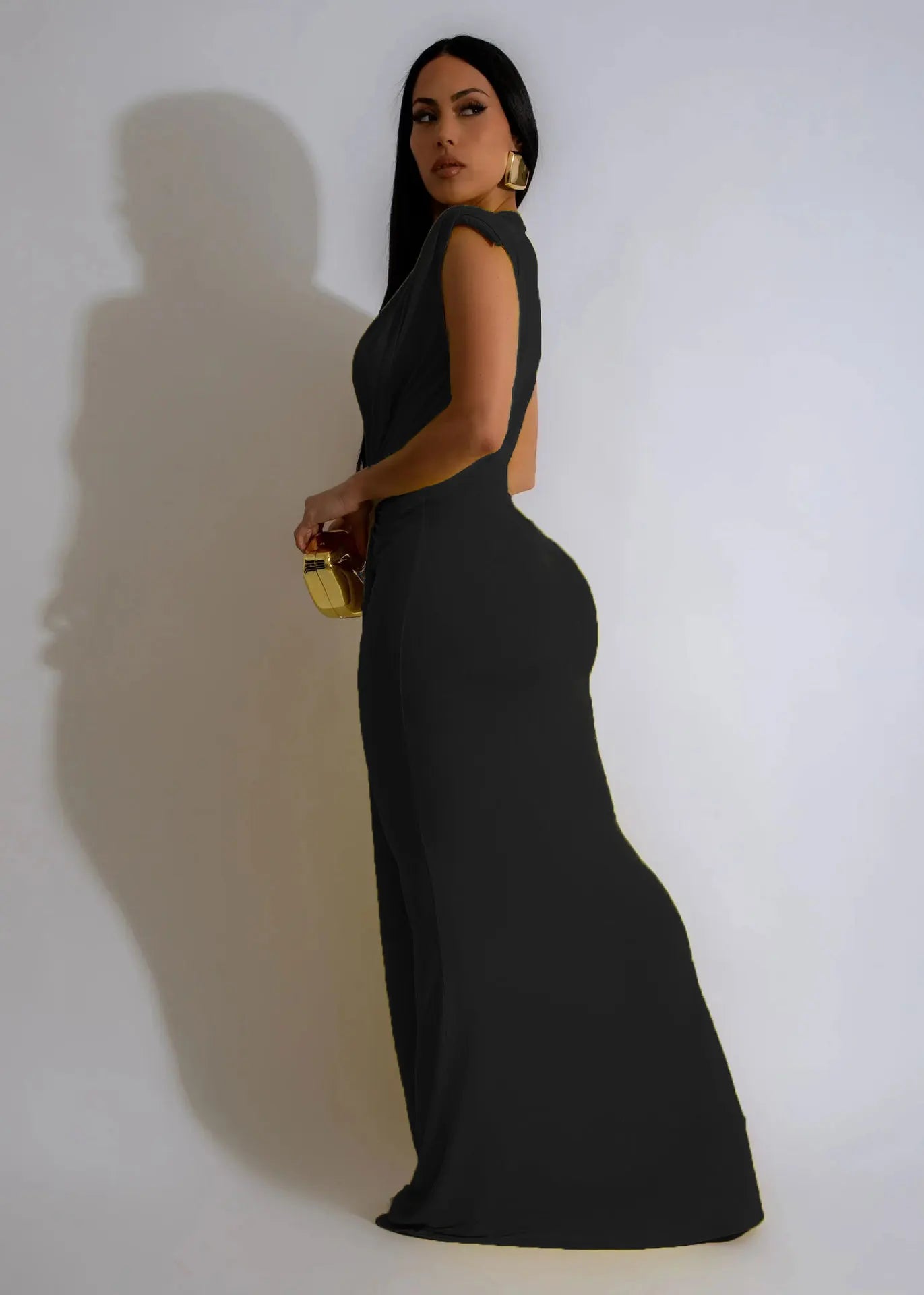 CM.YAYA Women Sleeveless Ruched Deep V-neck Long Maxi Dress 2024 Street Evening Birthday Night Club Party Vestidos Sexy Dresses
