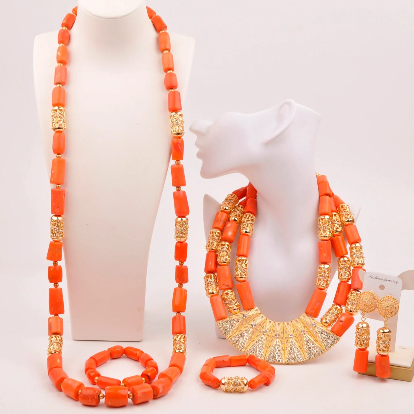 Natural coral beads orange necklace set for stylish Nigerian wedding couple African jewelry