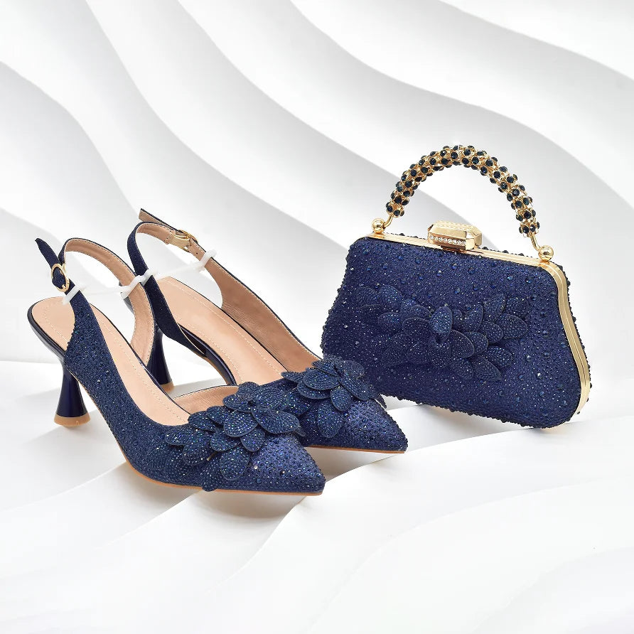 New Arrival Party Shoe and Bag Set for Women Italy Full Diamonds High Heels Luxury Woman Pumps Matching Italian Shoe and Bag Set