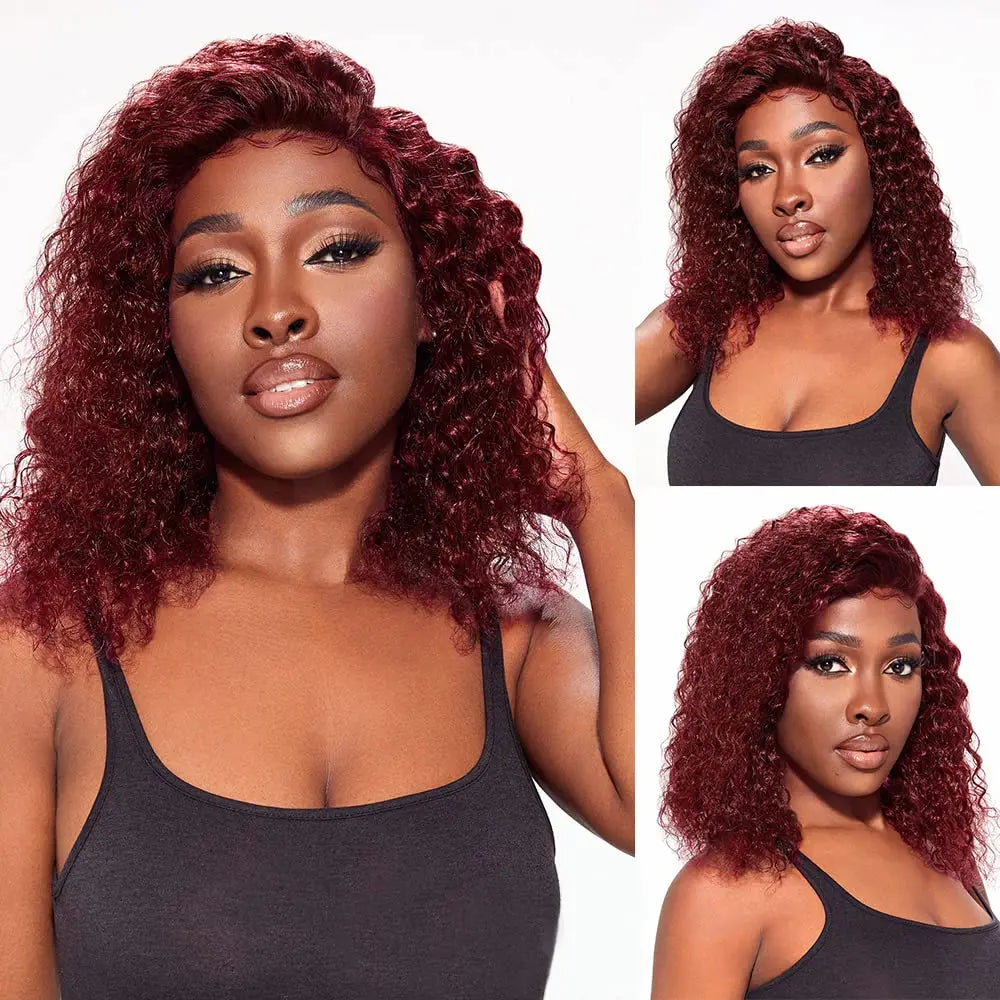 99J Burgundy Bob Deep Wave Lace Front Wigs Human Hair For Women 13x4 HD Lace Frontal Short Curly Bob Wigs Hair Wigs