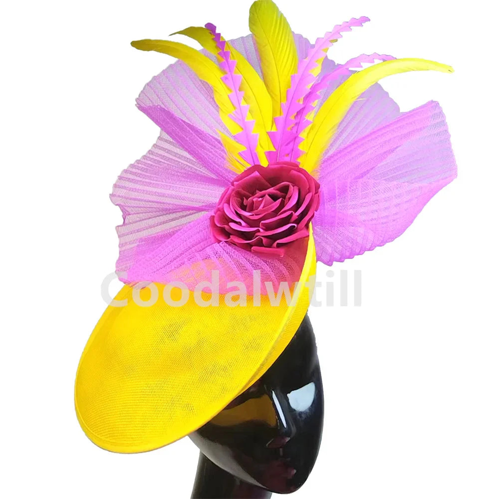 New Fashion Flower Fascinator Wedding Headpiece Women Party Dinner Pillbox Cap With Flower Hair Accessories Ladies Feather Cap