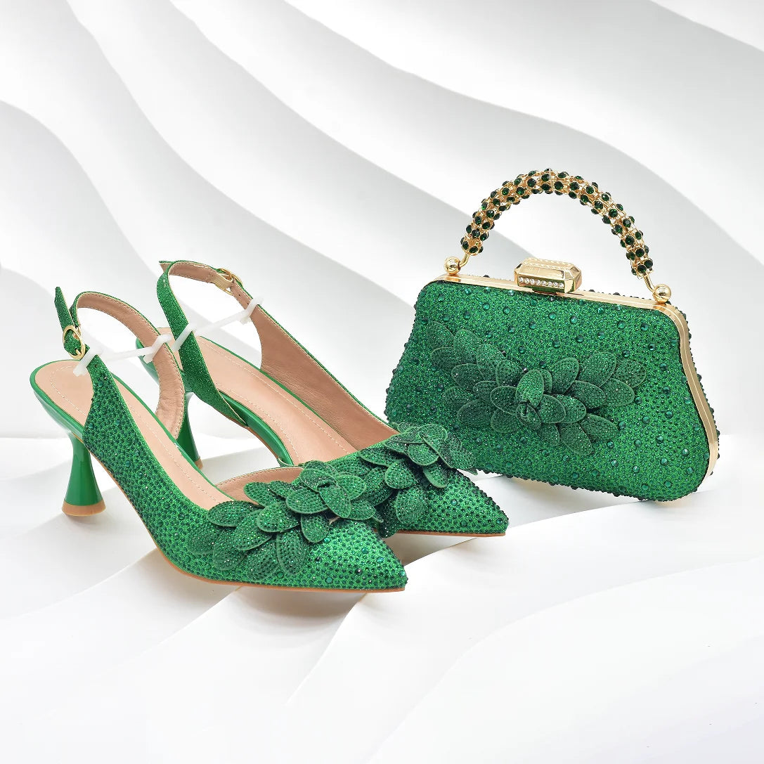 New Arrival Party Shoe and Bag Set for Women Italy Full Diamonds High Heels Luxury Woman Pumps Matching Italian Shoe and Bag Set