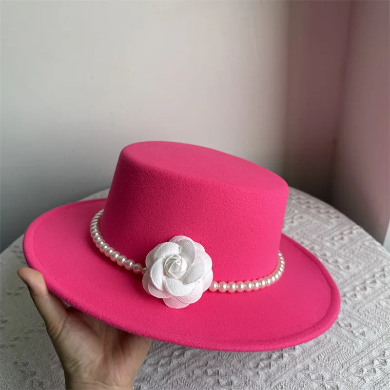 Women's Fashionable Fedora Hat 10CM Wide Brim Flat Top Felt Hats For Wedding And Jazz