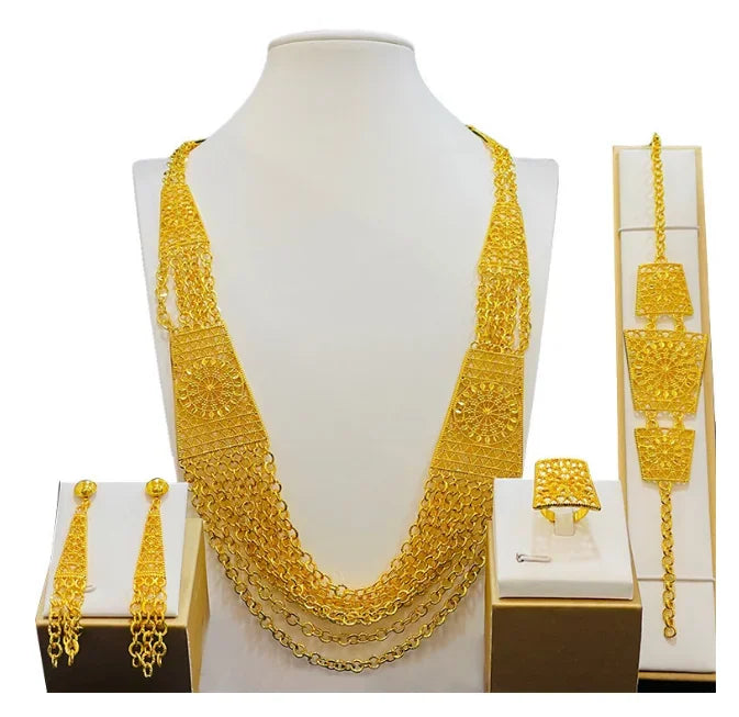 Fashion Dubai Flower Design Luxury 24k Gold Color Women's Jewelry Set African Fashion Bracelet Earrings Necklace Ring Four Piece