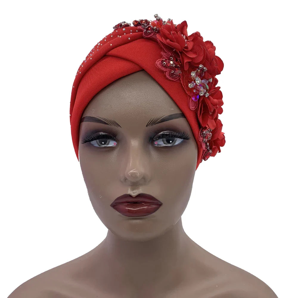 Elegant African Turban Cap with Shiny Rhinestone Ready to Wear Nigeria Auto Gele Headtie Party Women's Head Wrap Bonnet Turbante