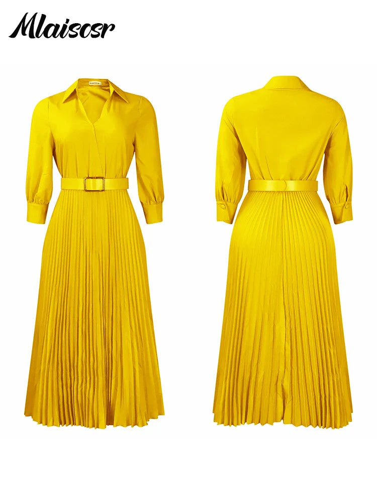 Mlaiscsr Purple Fashion Belt V-Neck Long Sleeve A-Line Pleated Dress Women Elegant Slim Evening Party Club Vestidos African Robe