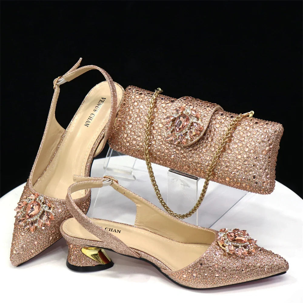 Elegant Women's Low Heels Italian Shoes And Bag Set