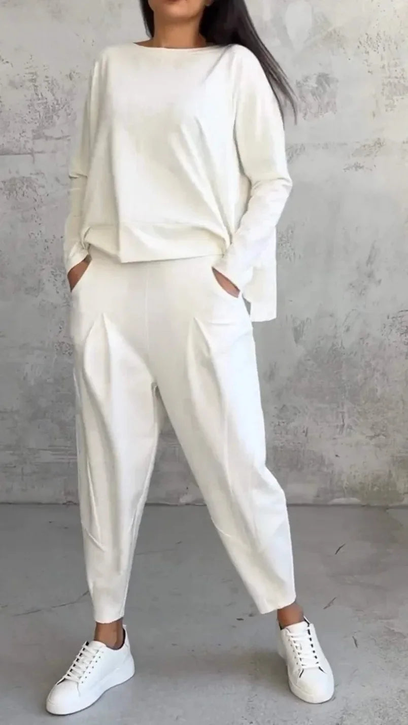 Women Two Piece Pant Sets Solid Full Sleeved Tops Round Neck Casual Midi Waist Long Pants Pockets Regular Elegant Lady