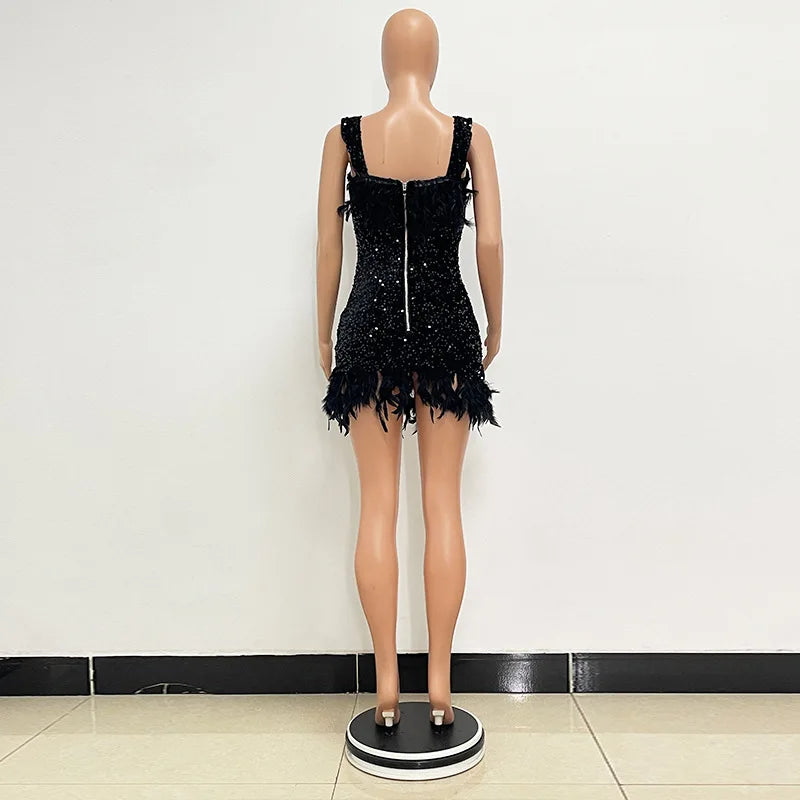 Spring And Summer Women's Clothing MINI Short Solid Color New Wind Sequins Halter Beach Dress One-word Shoulder Feathers Spice G