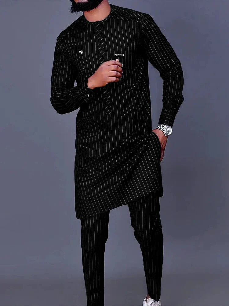 Men's chic casual white geometric print two-piece suit