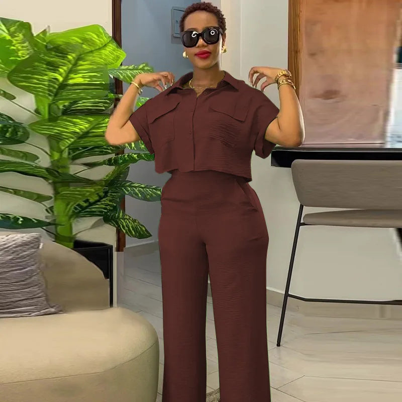 Casual Women's Solid Two Piece Sets Spring Summer Turn-down Neck Short Sleeve Loose Top & Wide Leg Pants Set Streetwear Outfits