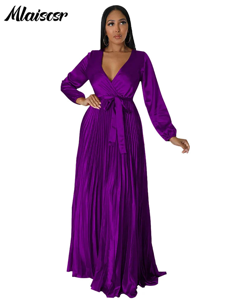 Mlaiscsr Elegant Wedding Guest Pleated Long Dress Women V Neck Lantern Sleeves Sashes Big Swing Sexy Birthday Party Evening Robe