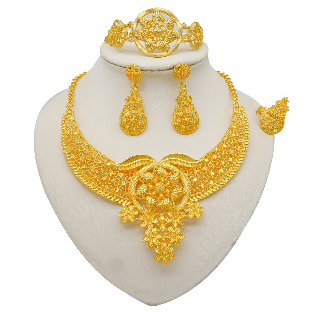 Indian Dubai Gold Color Jewelry Sets For Women Earring & Necklace Nigeria Moroccan Bridal Wedding Party Gifts