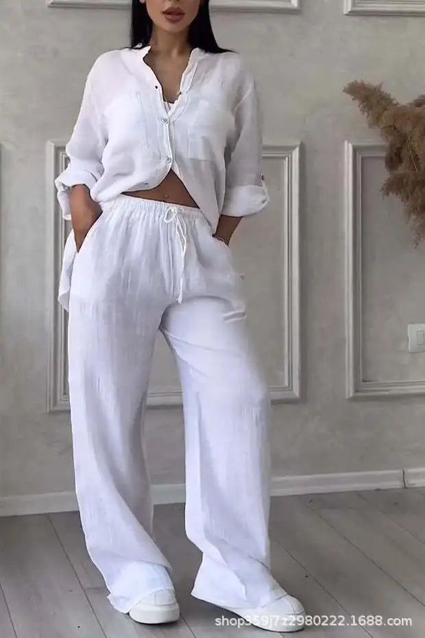 Women's Fashion Set Casual Long Sleeve Pocket Shirts + Loose Wide Leg Pants 2 Piece Set For Women Spring Autumn Women Clothes