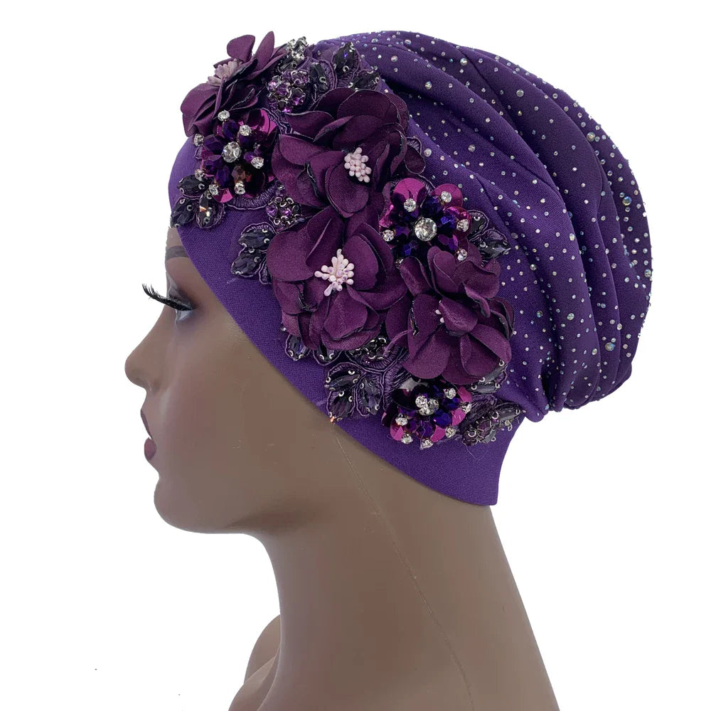 Elegant African Turban Cap with Shiny Rhinestone Ready to Wear Nigeria Auto Gele Headtie Party Women's Head Wrap Bonnet Turbante