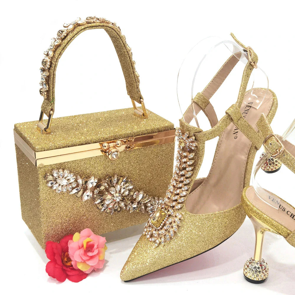 Women's Diamond Decorated Pointed Toe Italian Shoes And Bag Set
