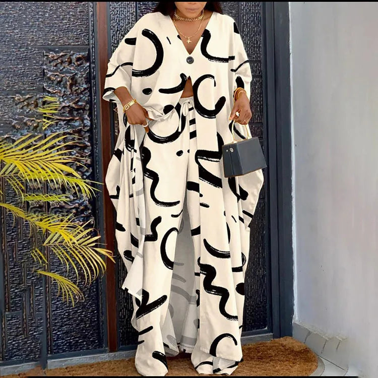 2023 Spring Summer New Women's V-neck Loose Long Sleeved Top Letter Printing Fashion Casual Open Front Women's Pants Set
