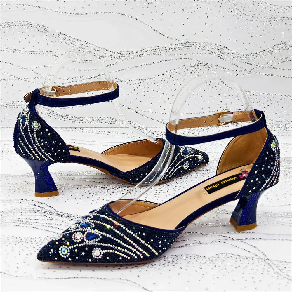 Women's Elegant Rhinestone Pointed Toe Pumps With Matching Shoes And Bag Set