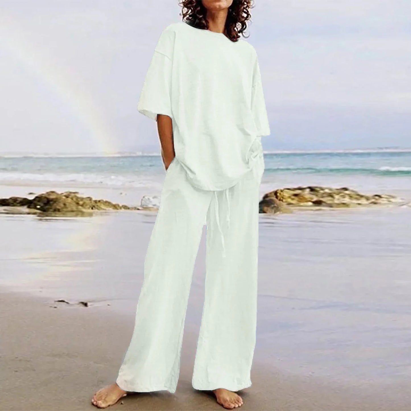 Fashion Women's 2-piece Set 2024 Summer Casual Loose Lace Up Pocket Set Half Sleeve O-Neck Top And Wide Leg Pants Set Outfits