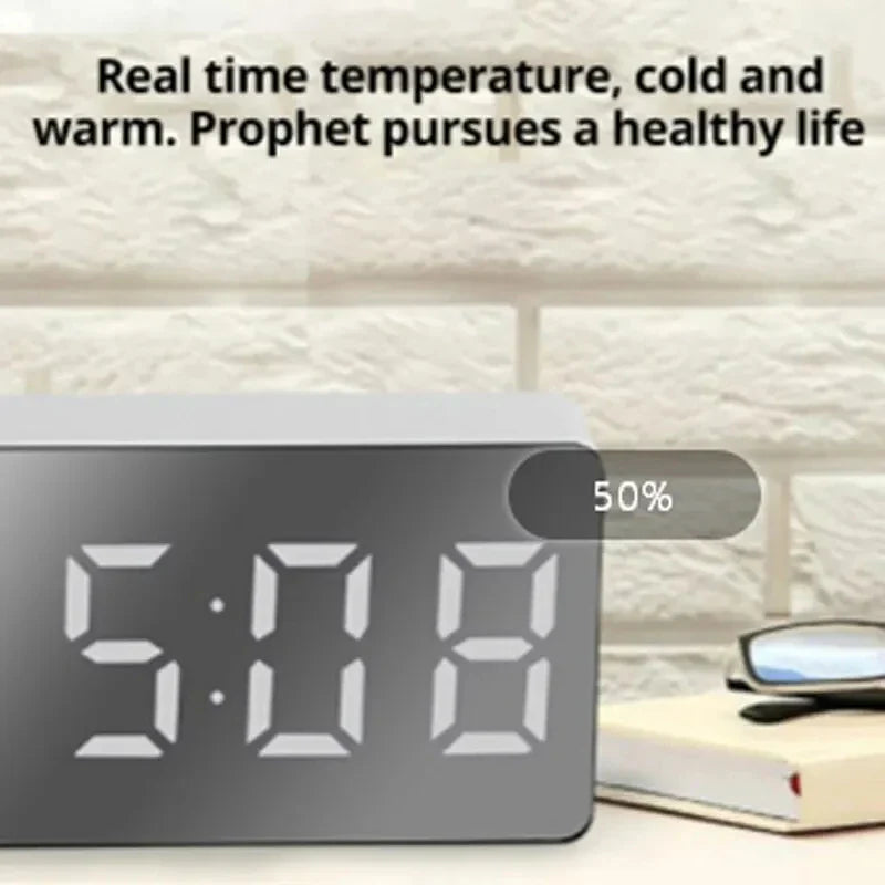 White LED Mirror Table Clock Snooze Display