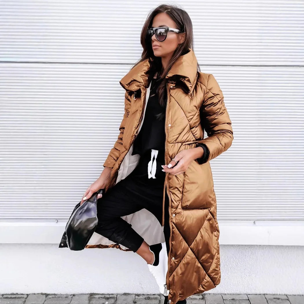 Winter Women's Long Zipper Bright Cotton High Waist Quality Jackets