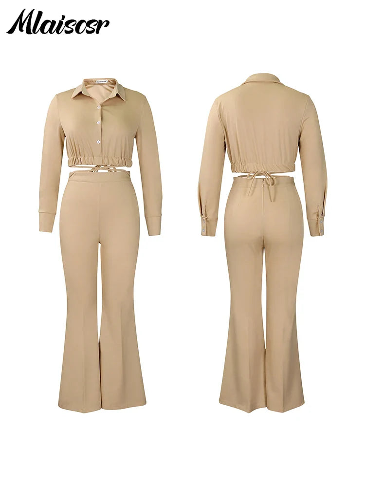 Mlaiscsr Fashion Two 2 Pieces Pants for Women’s Sets Elegant Crop Tops and Flared Trousers Matching Sportys Outfits Tracksuits