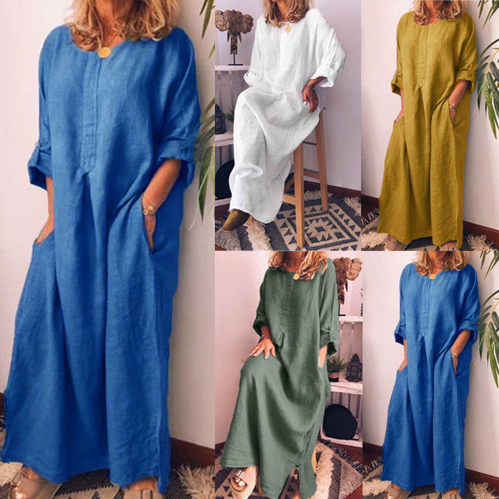 Holiday Dresses For Women 2023 Plus Size Long Sleeve Solid O-neck Summer Maxi Dress With Pockets V Neck Dresses Платье Женское