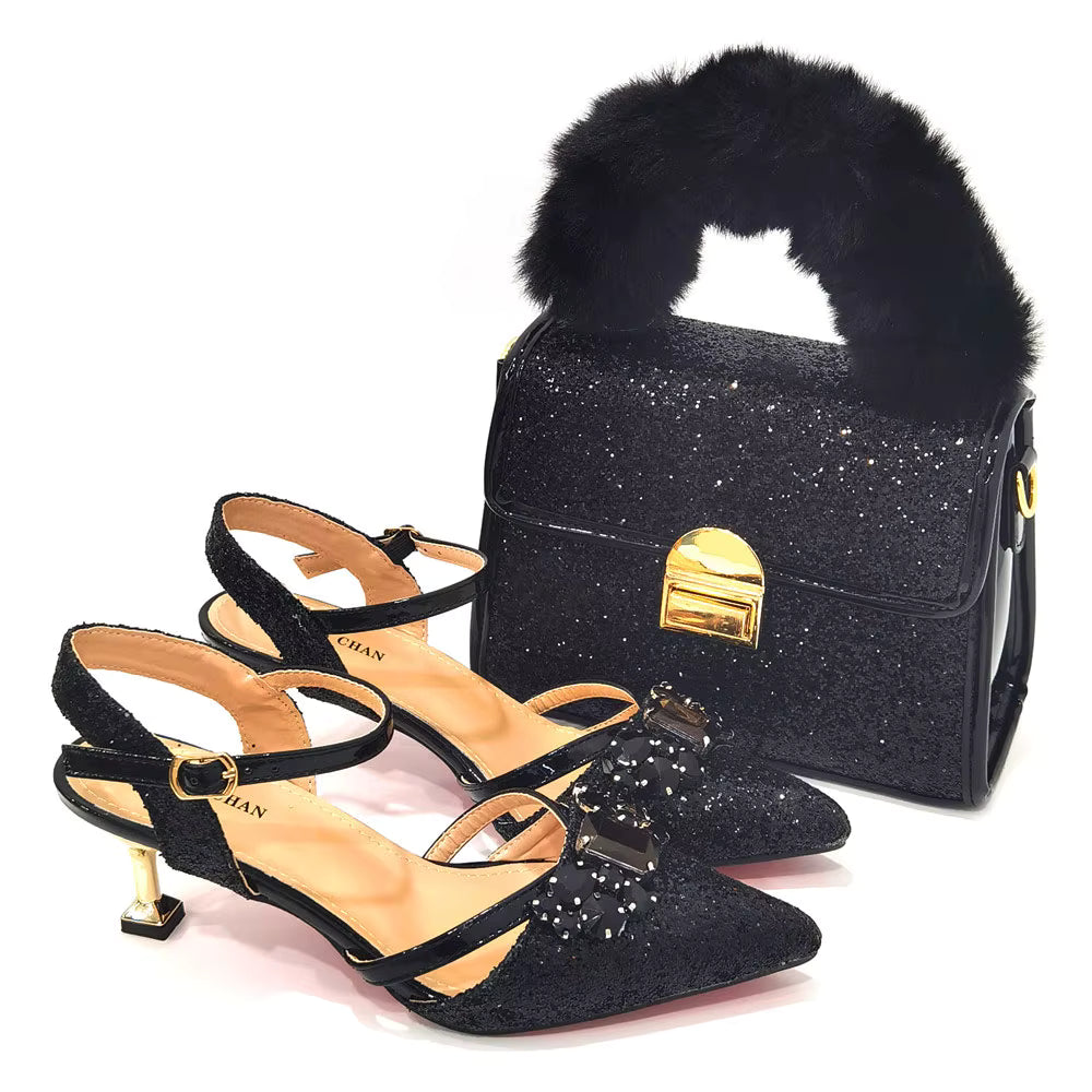 Women's Italian Fashion Peep Toe Pump Shoes with Matching Bag Set for Wedding And Party Med Heel Bling Embellished Mary Janes