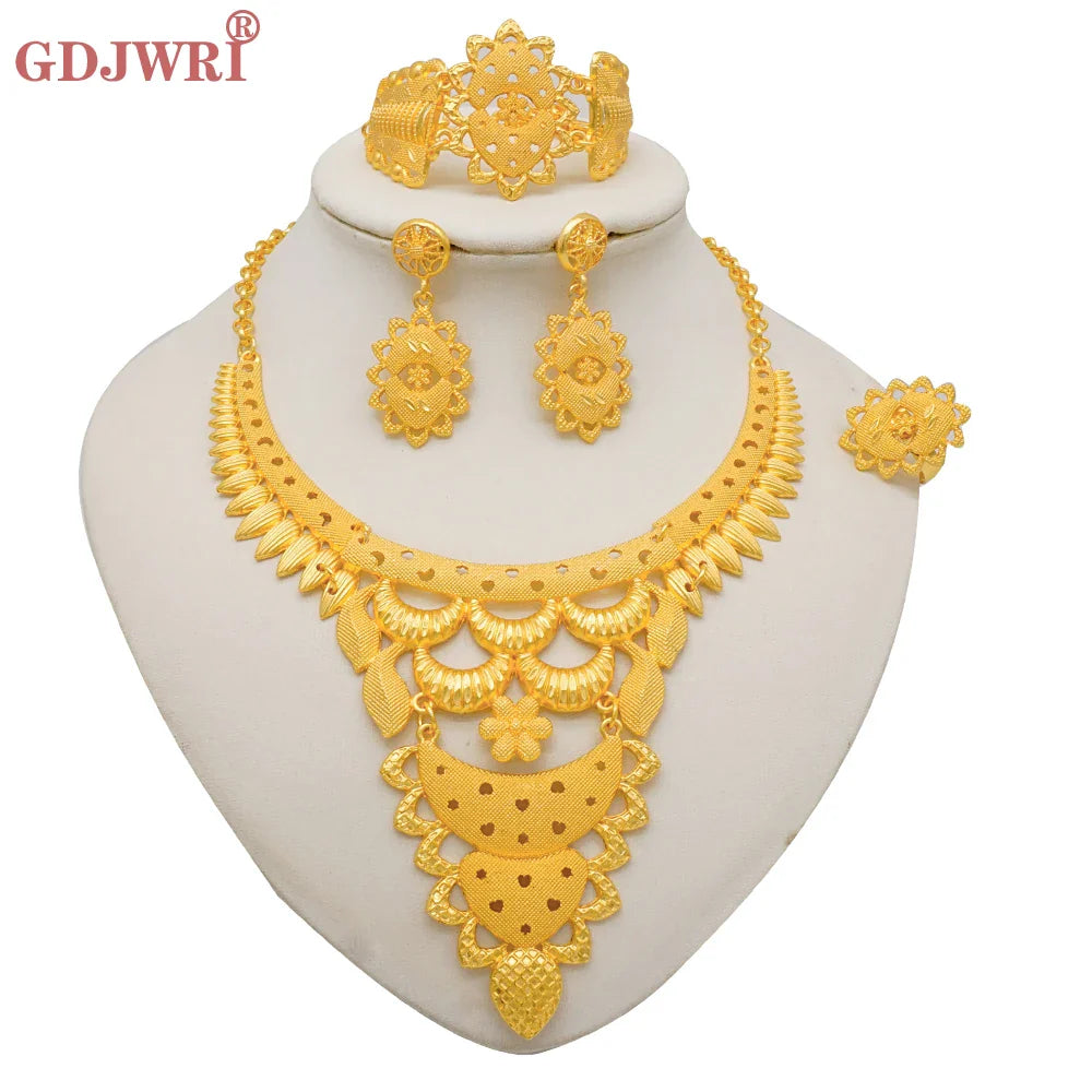 Indian Dubai Gold Color Jewelry Sets For Women Earring & Necklace Nigeria Moroccan Bridal Wedding Party Gifts
