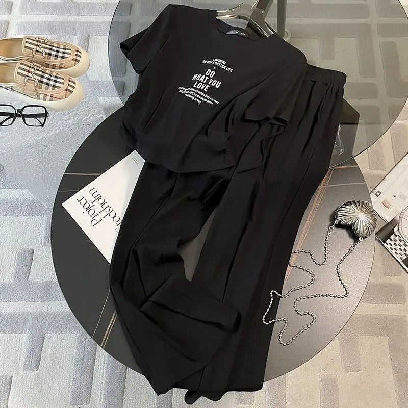 Fashion Sports and Leisure Suit for Women's Summer 2025 New Loose Short Sleeved Solid Color Popular Wide Leg Pants Two-piece Set