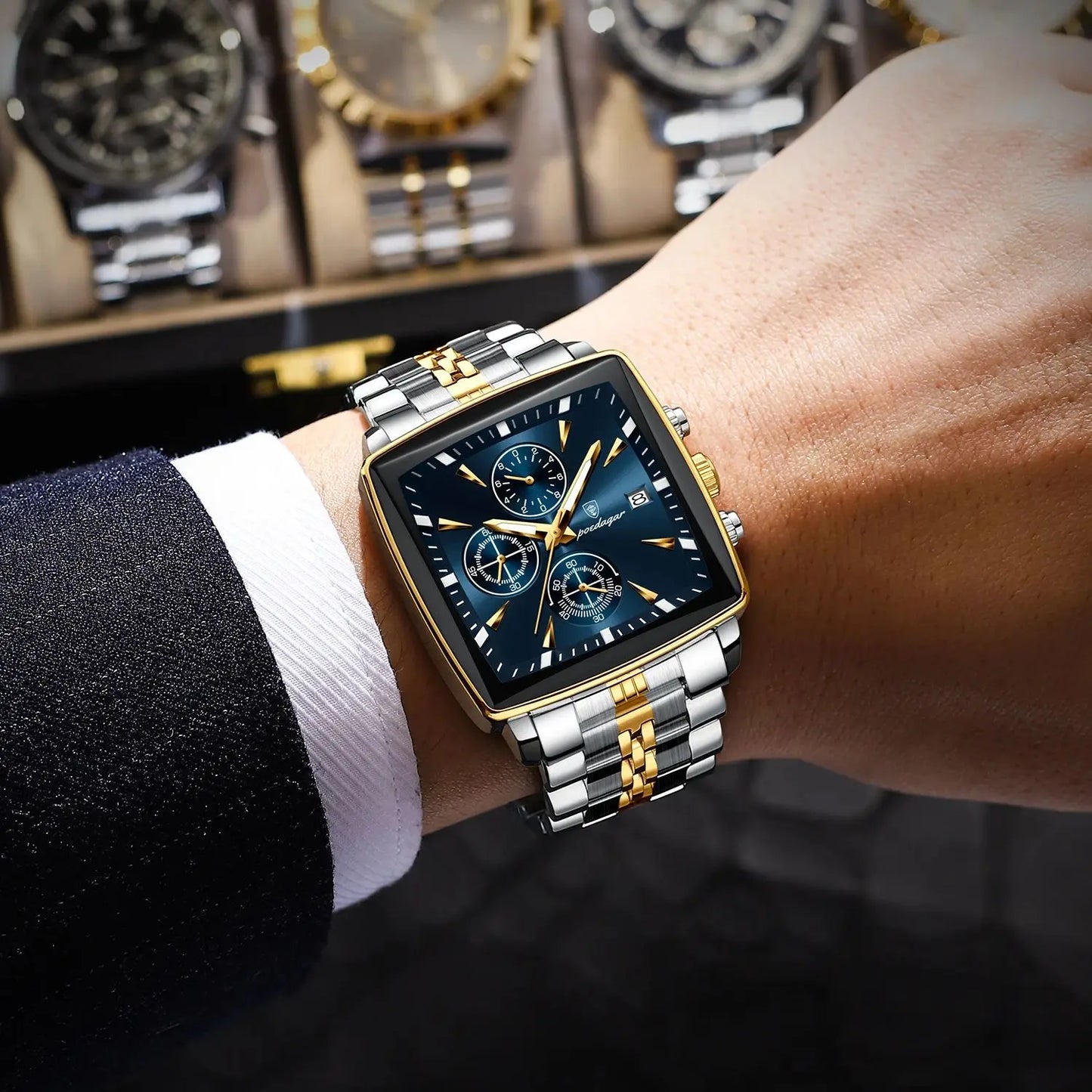 Fashion Men Watch Luminous Waterproof Chronograph Date Man Wristwatch Square Stainless Steel Quartz Men's Watches Reloj