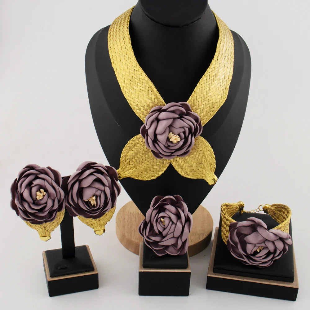 2025 New High Quality African Big Purple Flower Pendant Women Jewelry Set Dubai Gold Plated Luxury Thick Collar Necklace Earring