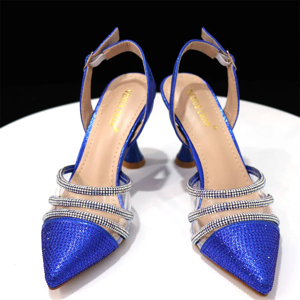 Venus Chan Shoes for Women 2023 Pointed Toe Black Heels Rhinestone Chain Party Sandals Italian Shoes and Bags Matching Set 2023