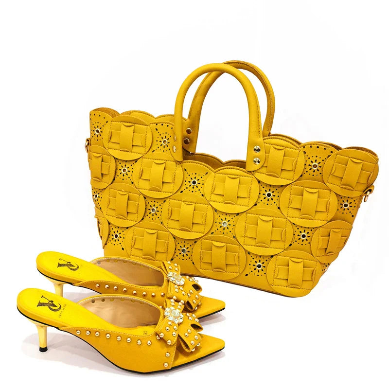 2022 Rivet Style  Women Shoes and Bag to Match in Color matching High Quality Nigerian Design Matching Shoes and Bag
